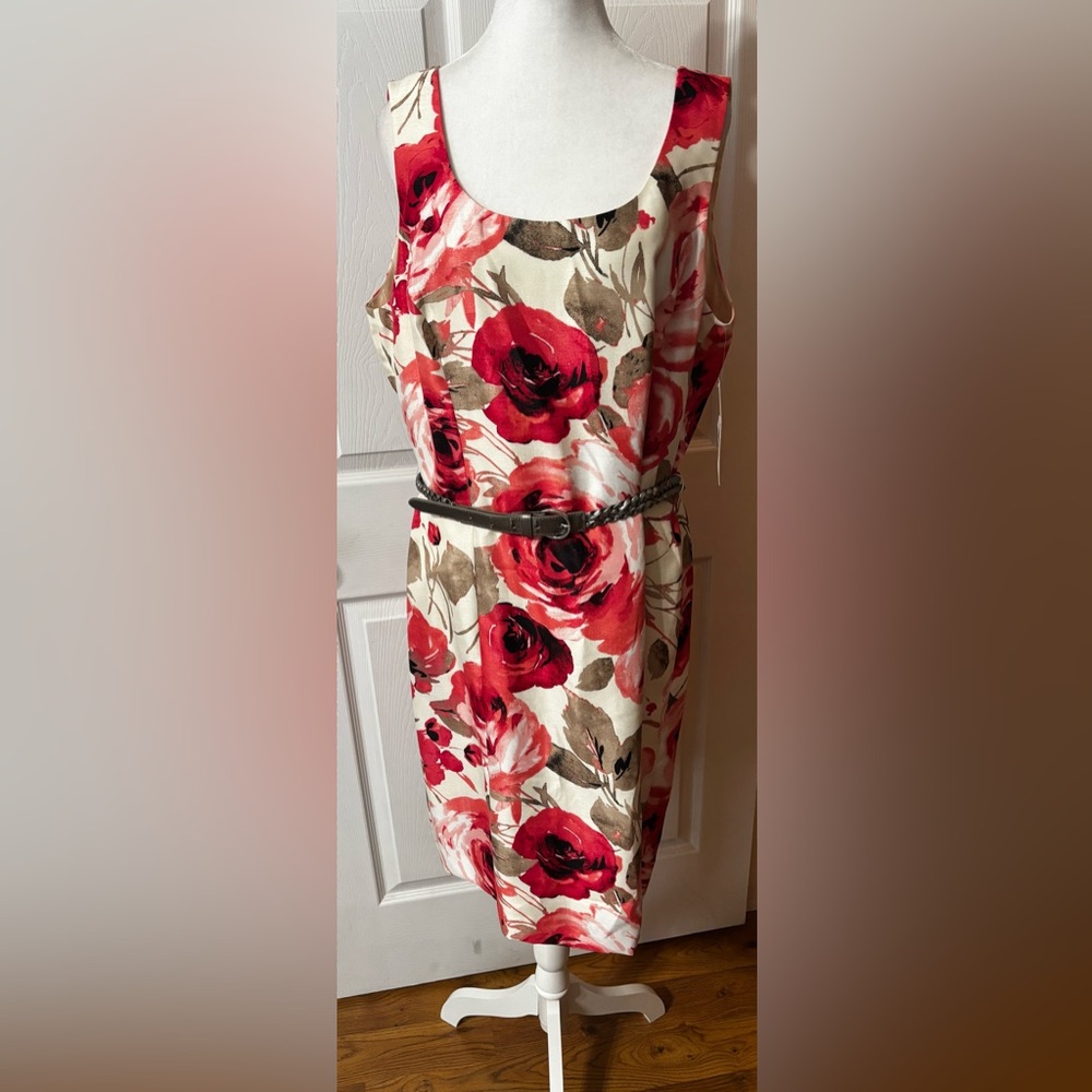 NWT Watercolor Rose Print Silky Sheath Cocktail Dress Sz 16 Alex Marie W/belt